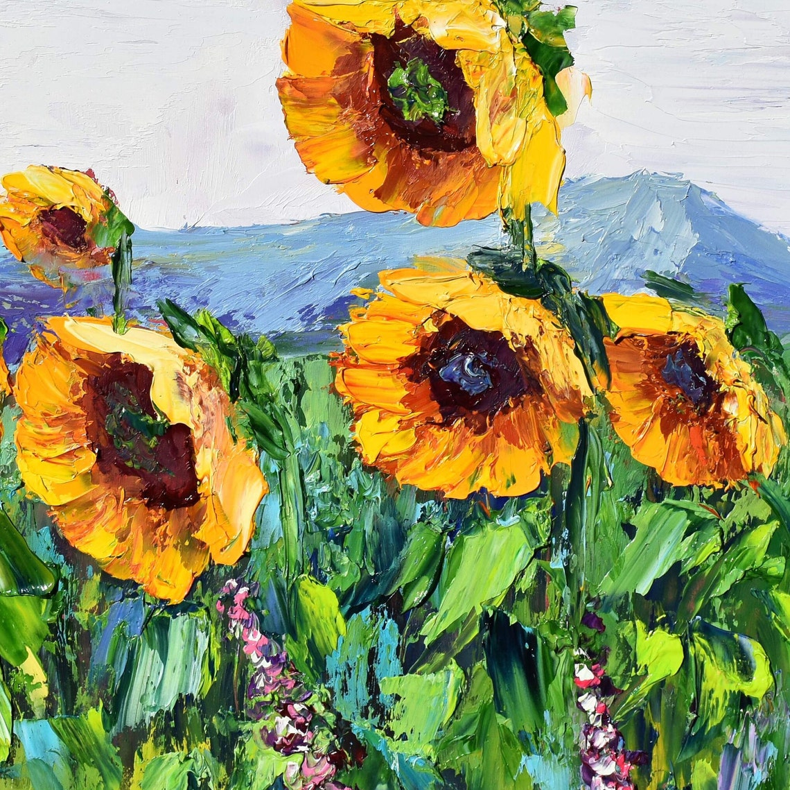 Sunflowers Floral Landscape Painting Sunflower Art Impasto Oil Painting Palette Knife Art Orange Flower Art Meadow Painting Yellow Flower - Image 3