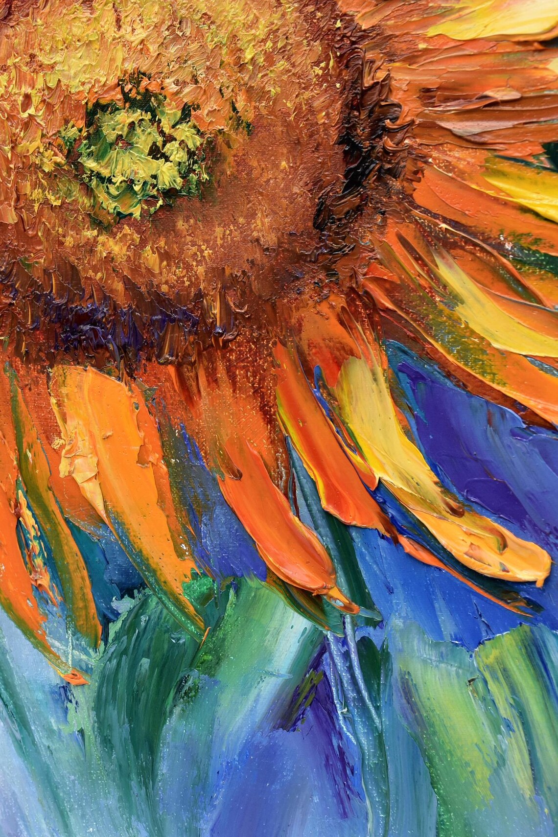 Two Sunflowers Close Up Blooming Yellow Floral Oil Art Poster - Image 4