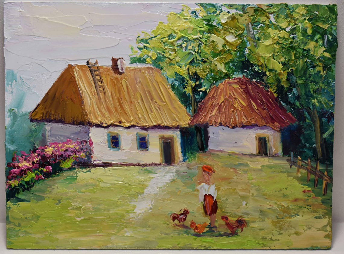 Ukrainian Landscape Ukrainian Flowers Ukrainian House Art Folk Art Painting Ukraine Art Impasto Painting Original Oil Art Ukrainian Art