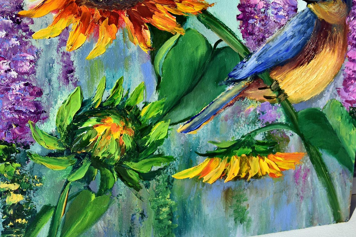 Art Bird Painting Birds Art Sunflowers Painting Bird Oil Painting Flower Oil Painting Sunflower Art Original Landscape Oil Sunflowers Flower - Image 4