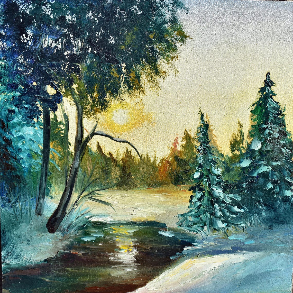 Winter Snow Pines Frozen River Sunset Glow Landscape Oil Wall Art