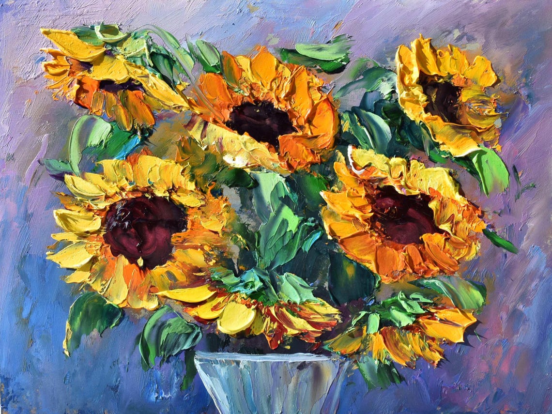 Sunflowers Oil Art Still Life Artwork Small Wall Art Sunflower Art Oil Paint Wall Art Impasto Painting Floral Artwork Still Life Painting - Image 2