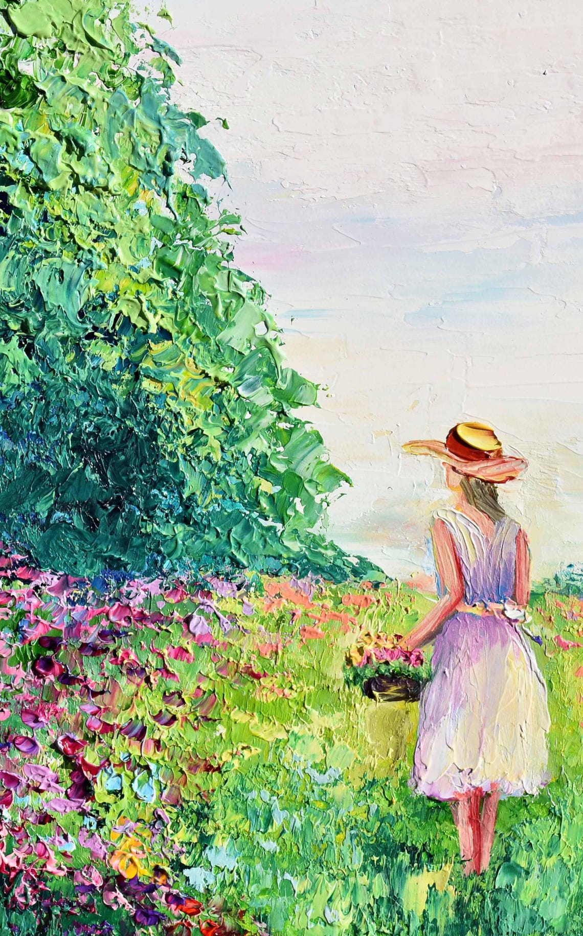 Landscape Girl Painting Meadow Landscape Art Landscape Nature Girl Basket Art Colorful Oil Art Wall Art Flower For Wildflowers Oil Art Palet - Image 2