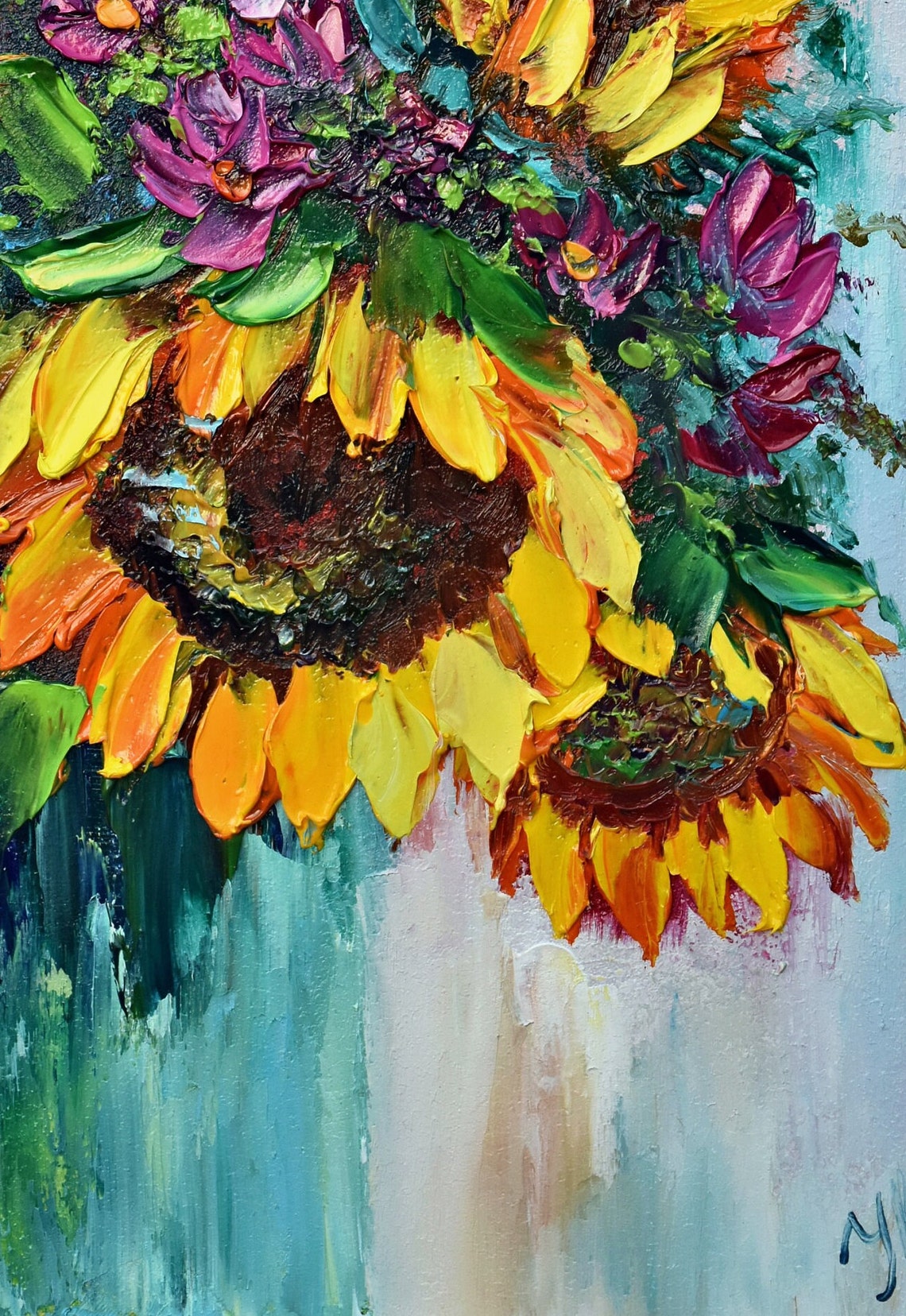Sunflowers Flowers Sunflowers Art Original Oil Art Sunflower Wall Art Yellow Flower Art Oil Art Textured Blue Wildflowers Art Floral Artwork - Image 3