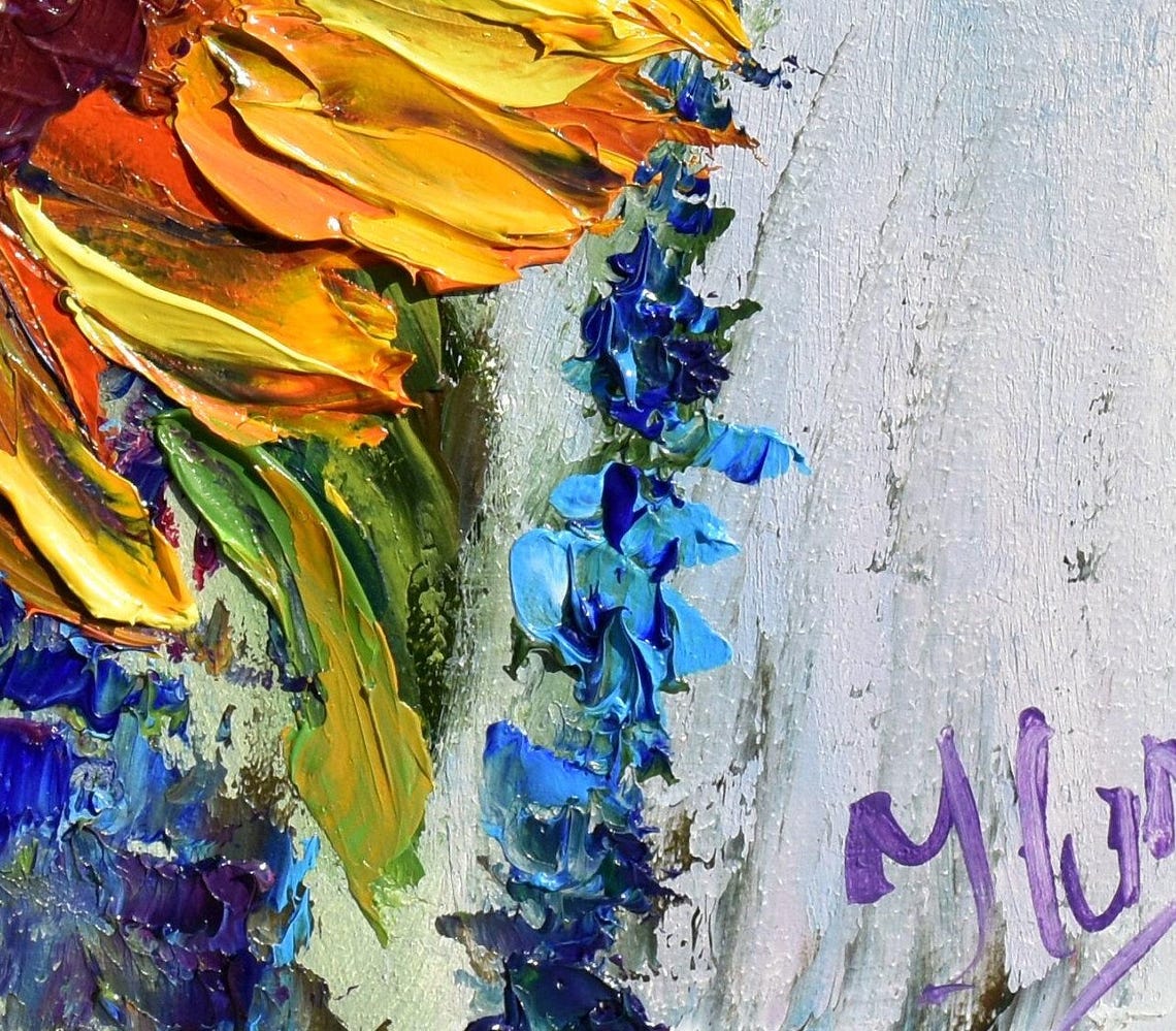 Sunflowers Painting Small Wall Art Meadow Wall Art Landscape Painting Orange Flower Wildflowers Painting Sunflower Flower Art Sunflower Art - Image 5