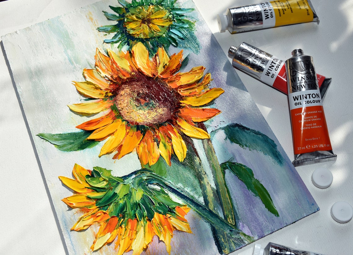 Sunflower Summer Art Floral Artwork Sunflowers Painting Original Oil Art Sunflowers Flowers Small Painting Home Decor Painting Wall Decor - Image 4