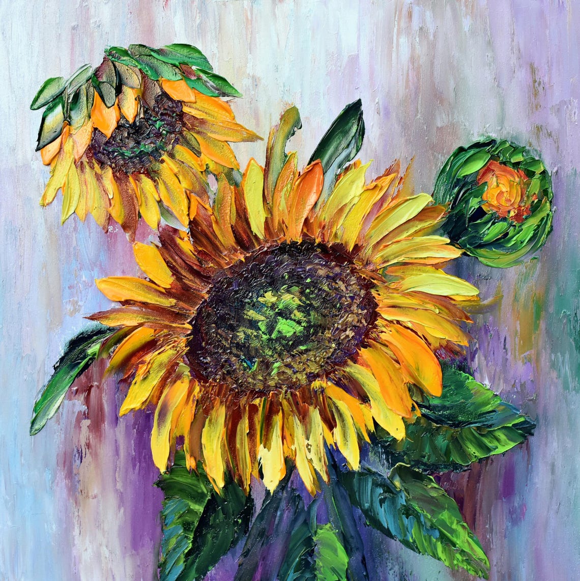 Sunflower With Bud Close Up Yellow Bloom Floral Oil Art Poster