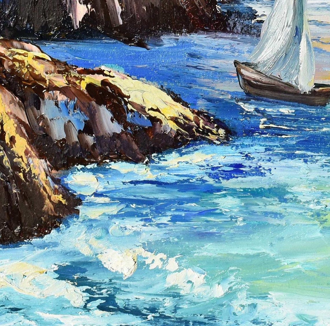 Mediterranean Art Sunset Painting Tropical Painting Mountain Landscape Colorful Sunset Sailboat Painting Beach Art Landscape Painting - Image 3