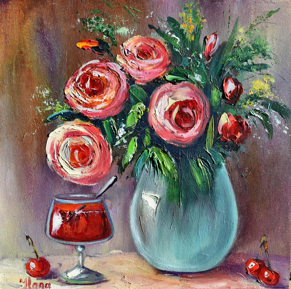 Pink Flowers Art Kitchen Art Food Still Life Rose Painting Cherry Jam Art Roses Flowers Art Floral Artwork Vibrant Floral Art Square Paintin