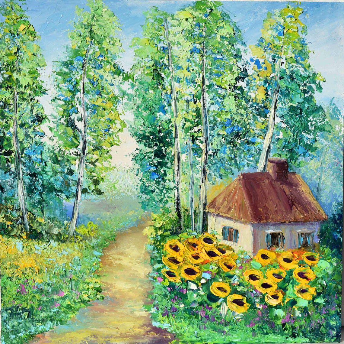 Sunflowers In Ukrainian Landscape Art Ukrainian Flowers Meadow Painting Ukrainian House Art Folk Art Painting Ukraine Art Impasto Painting - Image 2