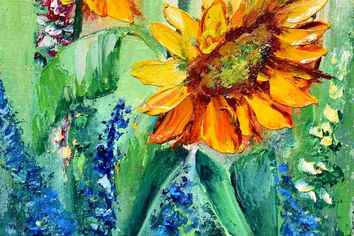 Sunflowers Painting Flowers Painting Impasto Painting Palette Knife Art Floral Artwork 3d Oil Painting Oil Art Yellow Flower Art Meadow - Image 3