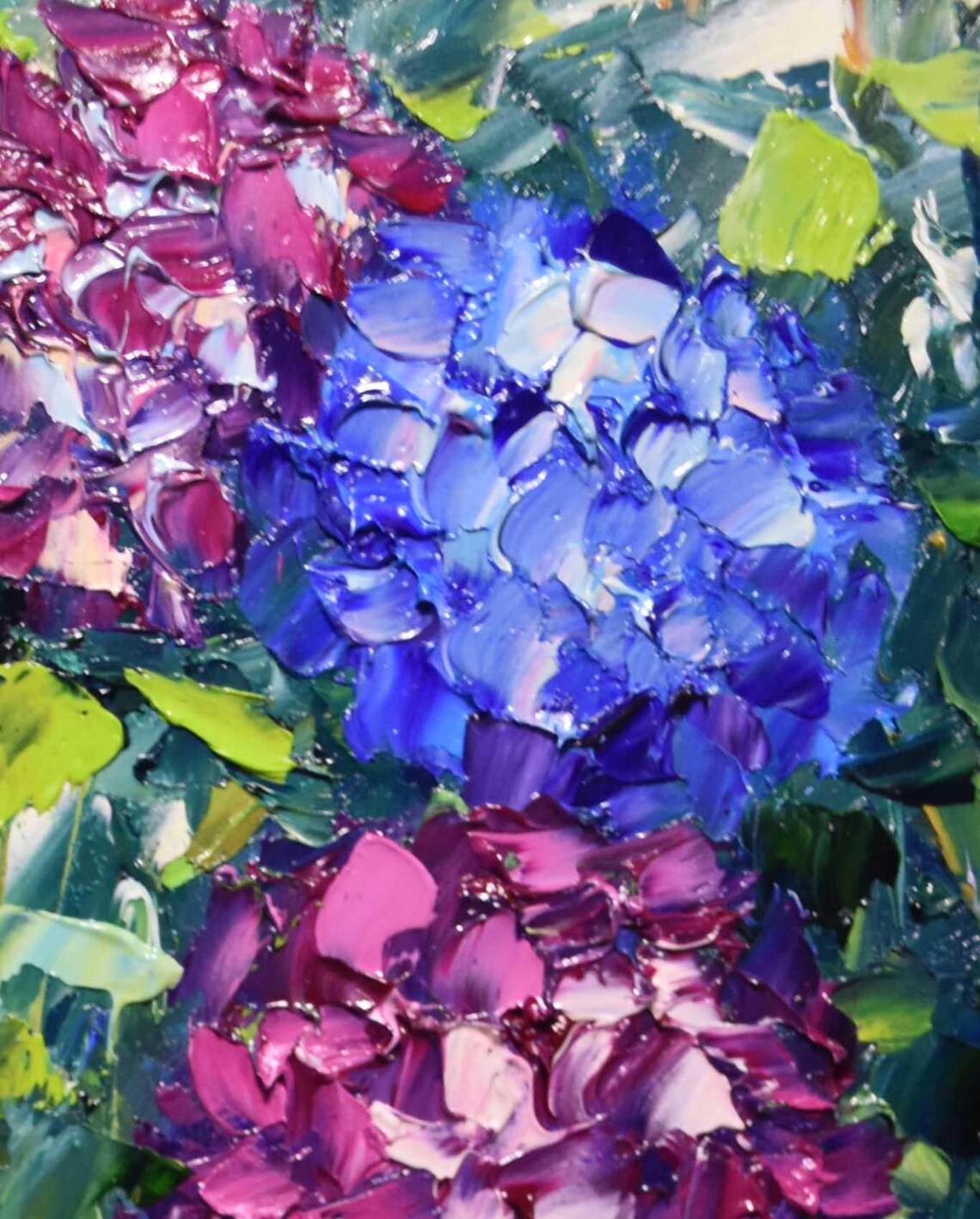 Blue Purple Hydrangea Blooms Thick Impasto Oil Painting Floral Poster - Image 2