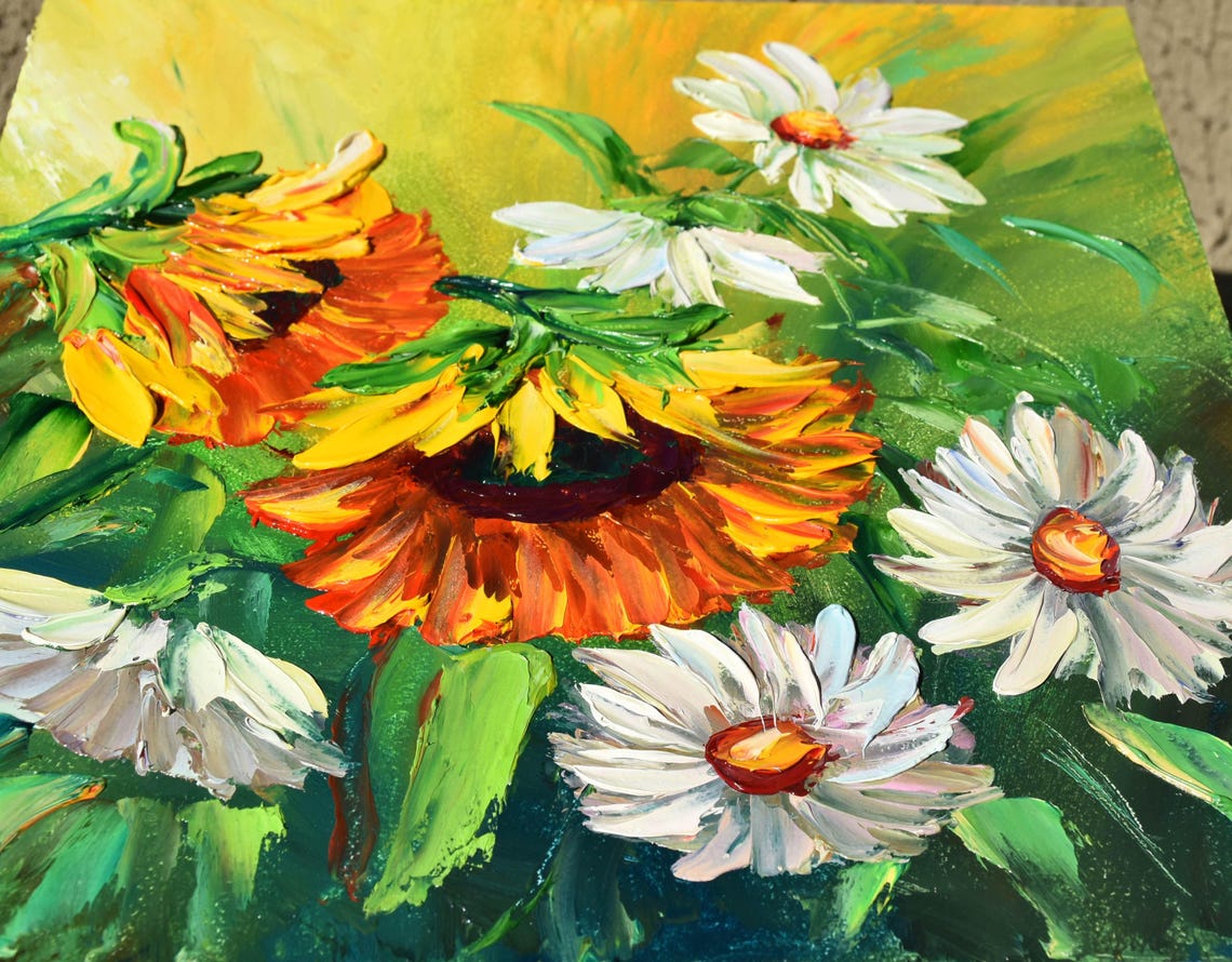 Sunflowers Oil Art Landscape Painting Sunflowers Painting Daisies Painting Impasto Painting Floral Artwork Yellow Flower Art Textured Wall - Image 5