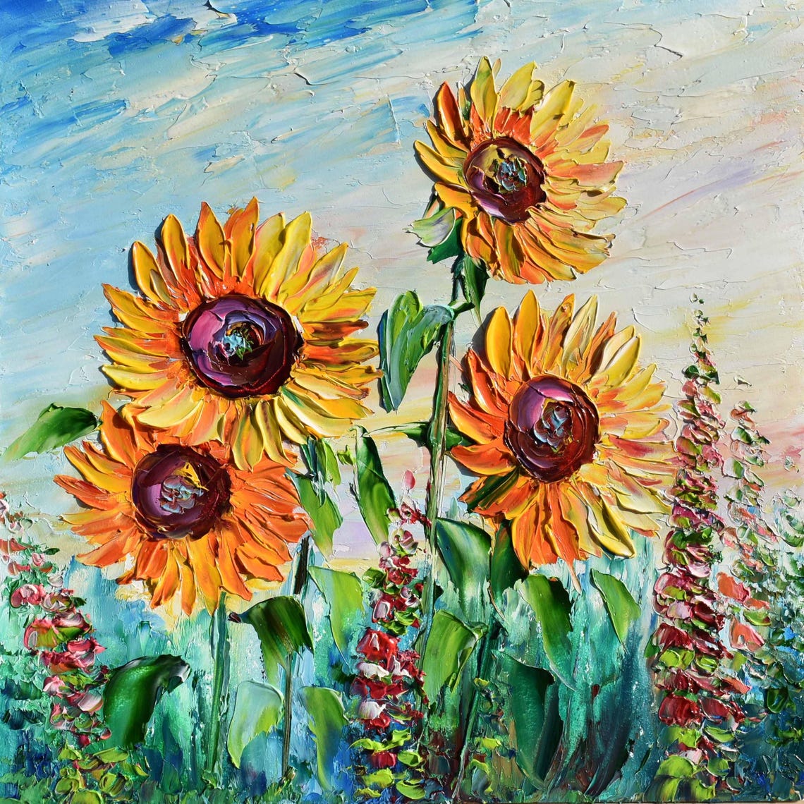 Sunflower Painting Landscape Painting Sunflower Art Purple Wildflowers Art Meadow Flowers Art Yellow Flower Art Flower Oil Painting Floral