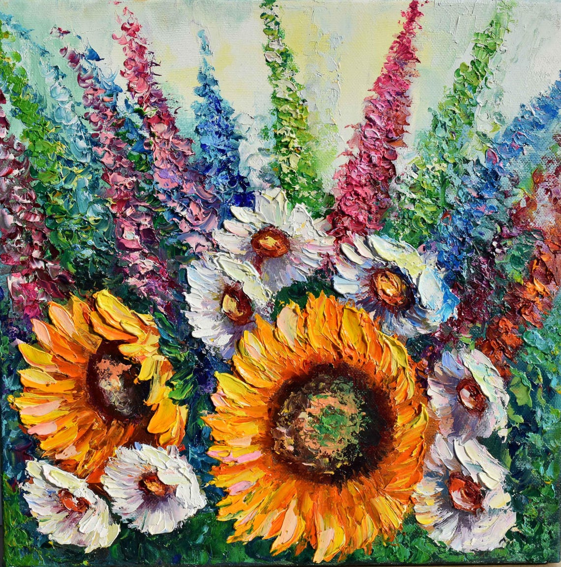 Sunflowers Oil Art Flower Field Art Impasto Painting Meadow Landscape Knife Art Sunflower Textured Wall Art Daisies Painting Sunflower Wall