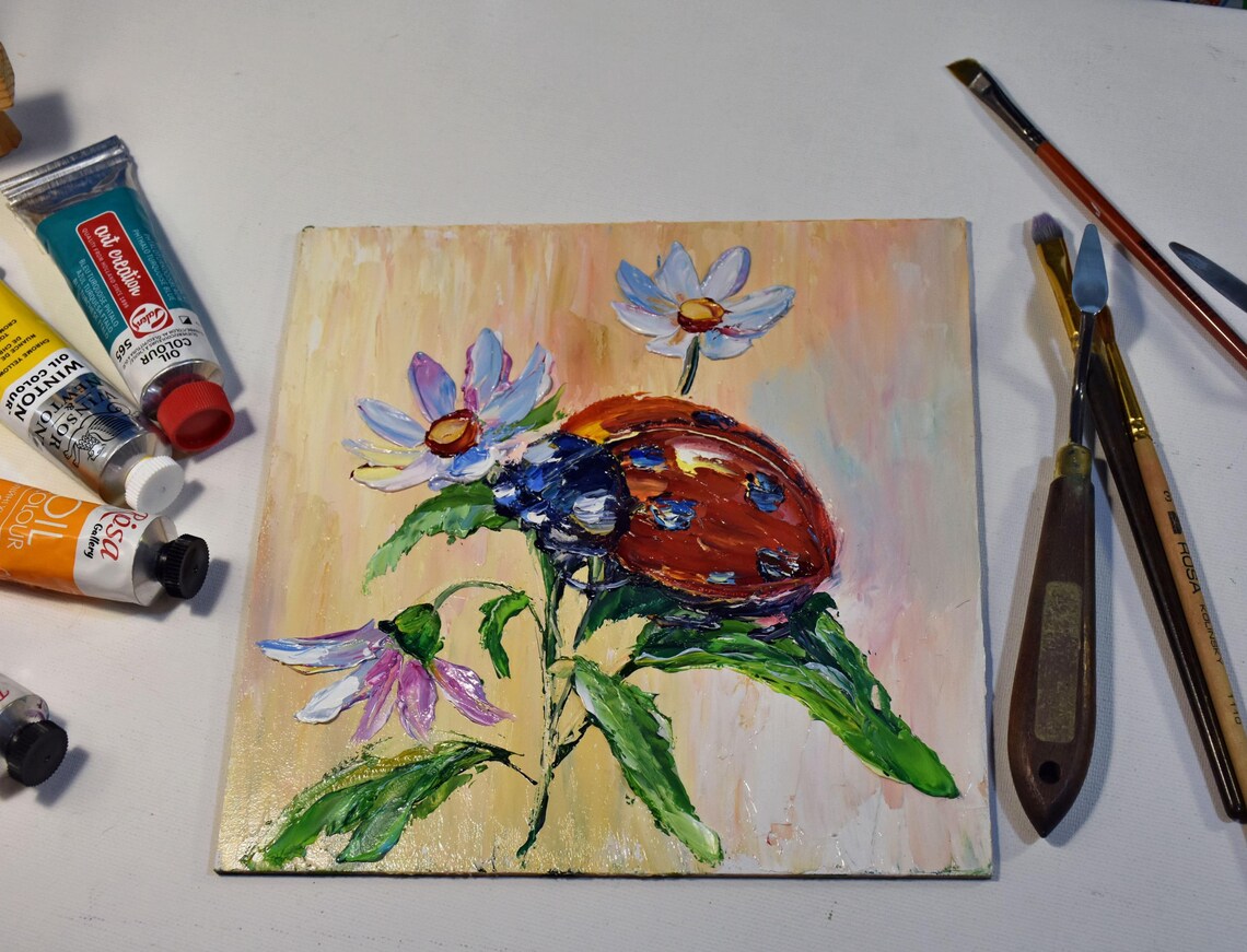 Ladybugs Painting Small Wall Art 8 X 8 Ladybug Art Couple In Love Art Pink Flowers Art Summer Meadow Art Landscape Painting Meadow Flowers - Image 4