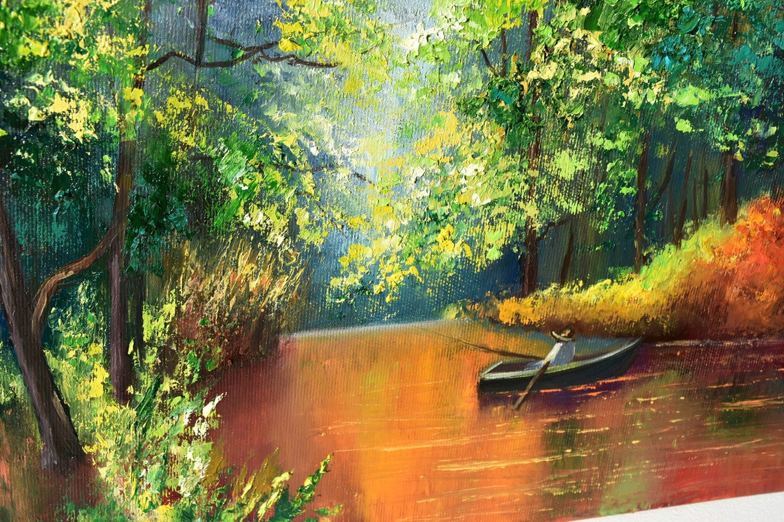 Fisherman On The Lake Art Autumn Painting Lake Fisherman Art Painting Landscape Art Fall Art Lake Wall Art Fisherman Fishing - Image 2