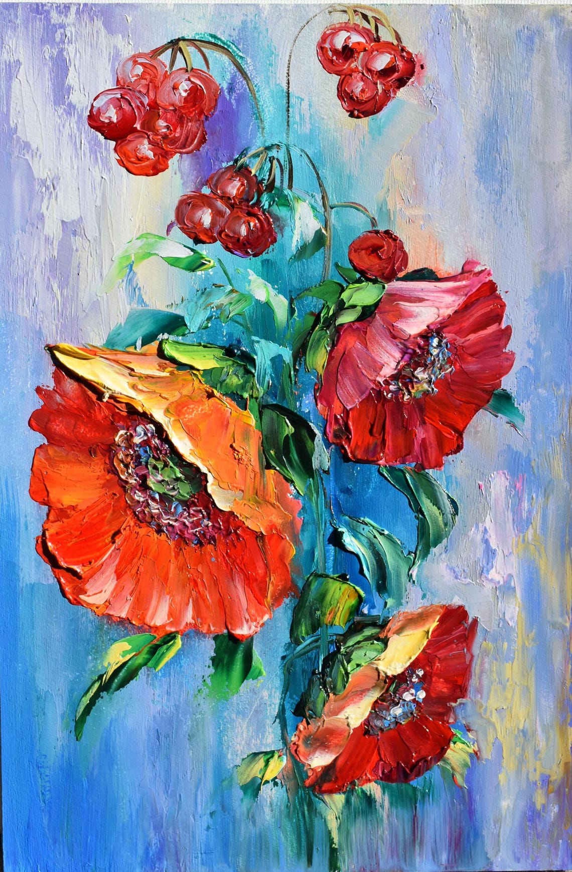 Poppy Oil Painting Meadow Painting Floral Oil Painting Ukrainian Art Poppy Flower Art Landscape Painting Red Berries Art California Poppies