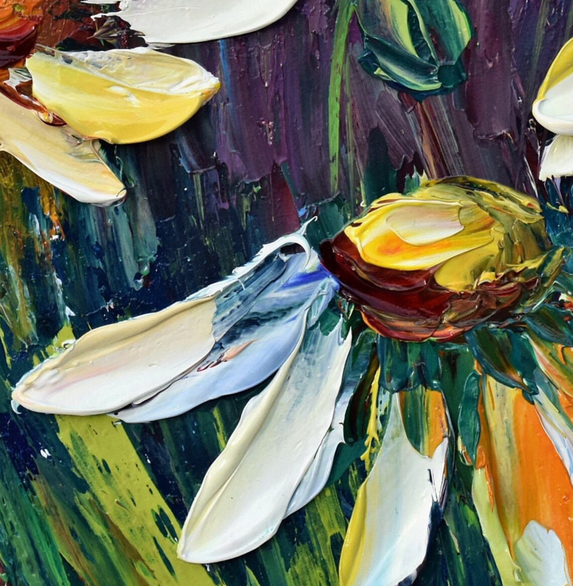 White Daisies Painting Art In The Chamomile Meadow 3d Oil Painting Daisy Painting Chamomile Flowers Wild Flower Art Floral Original Impasto - Image 5
