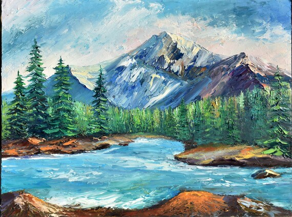Mountain Lake Art Textured Mountain Painting Mountains Landscape Painting Mountain Lake Art Impasto Painting Original Artwork Forest