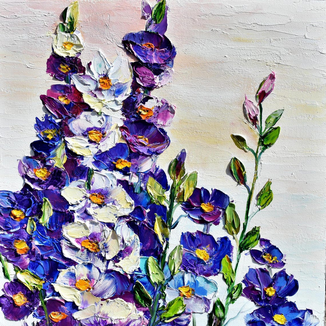 Purple Delphinium Spikes Bloom Garden Impasto Floral Painting Poster - Image 2