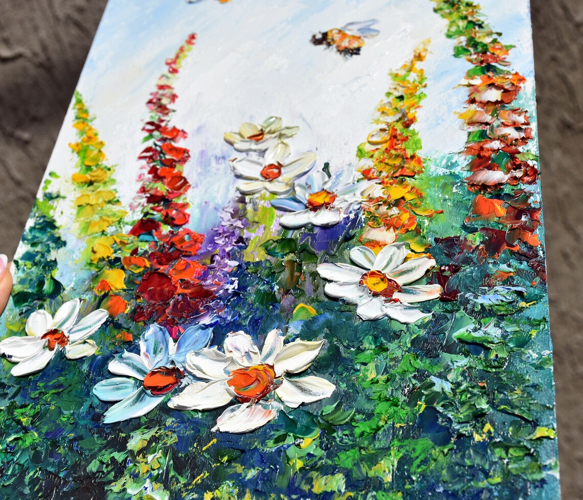 White Cosmos And Red Poppies Wildflower Meadow Oil Art Poster - Image 5
