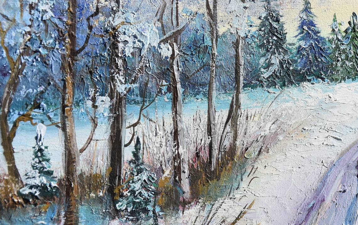 Winter Painting Winter Landscape Art Winter Oil Painting Hand Painted Artwork Winter Landscape Art Landscape Forest Winter Cozy Painting - Image 5