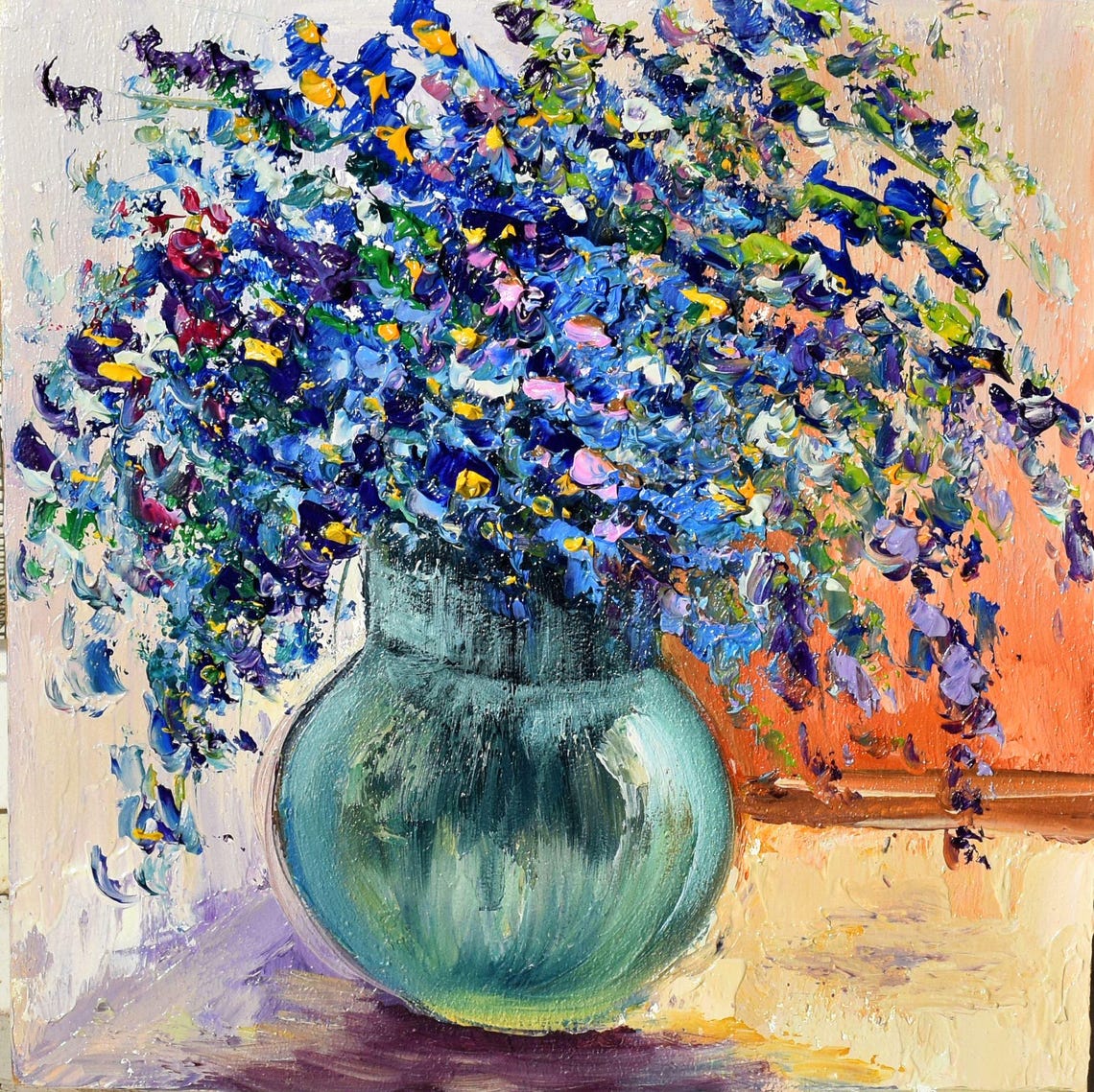 Painting Blue Flower Art Original Painting Wildflowers Painting Small Oil Painting Floral Still Life Painting For Kitchen Flower Small Art