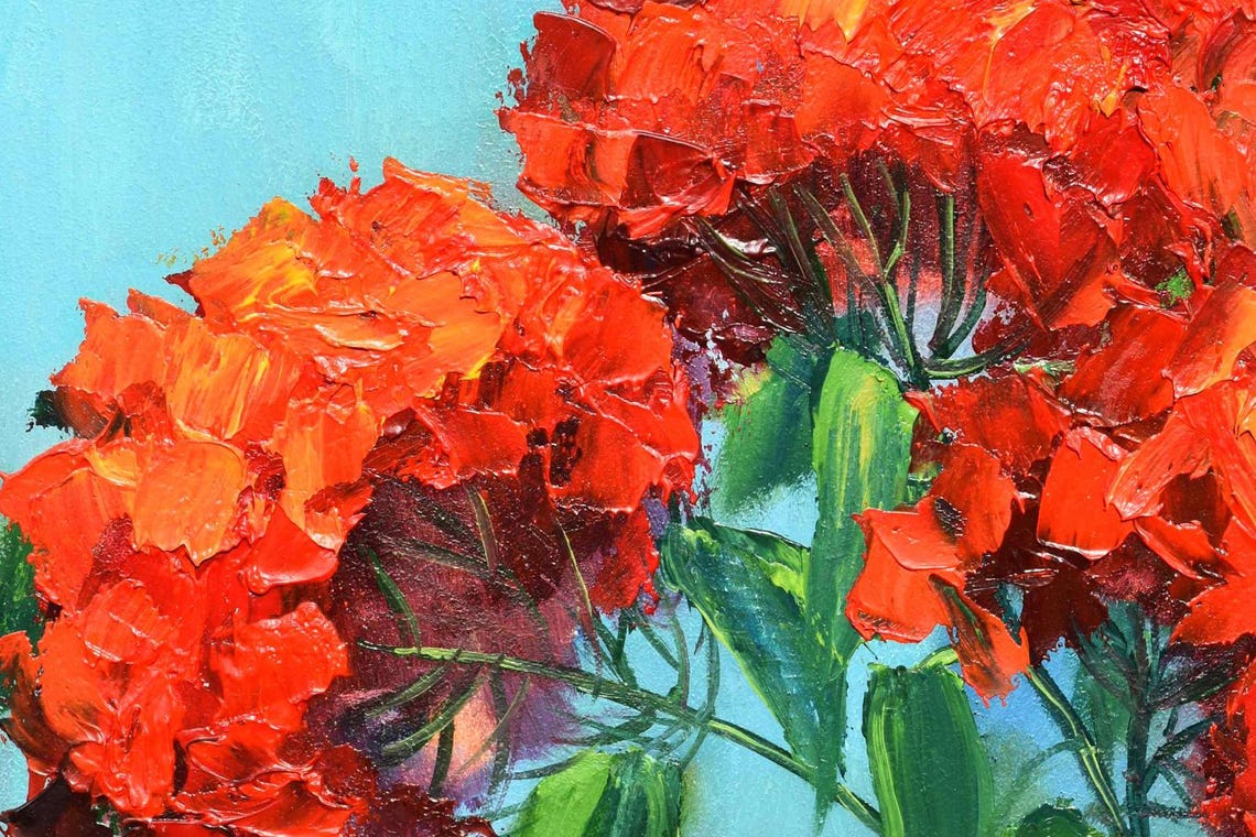 Red Geranium Blooms Terracotta Pot Turquoise Sky Impasto Oil Wall Art - Image 4