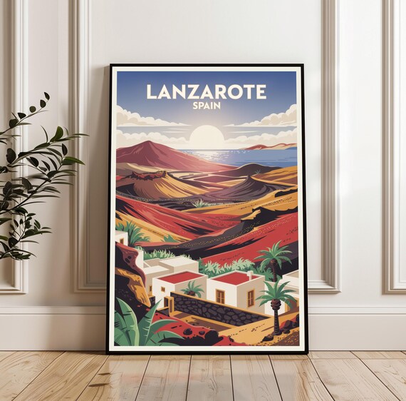 Lanzarote Spain Volcanic Landscape White Houses Sunset Travel Poster