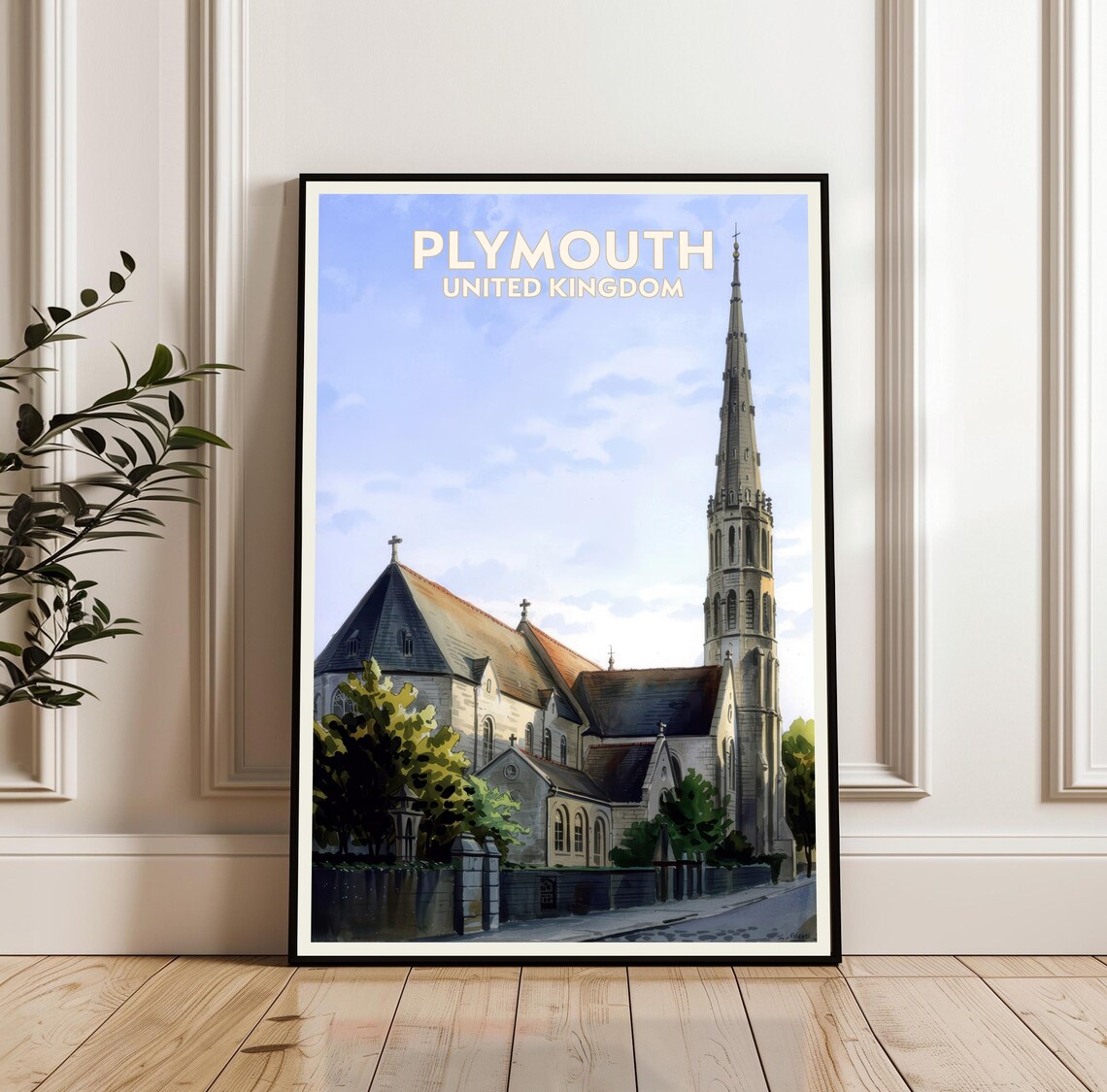 Plymouth England Stone Church Spire Watercolor Travel Poster