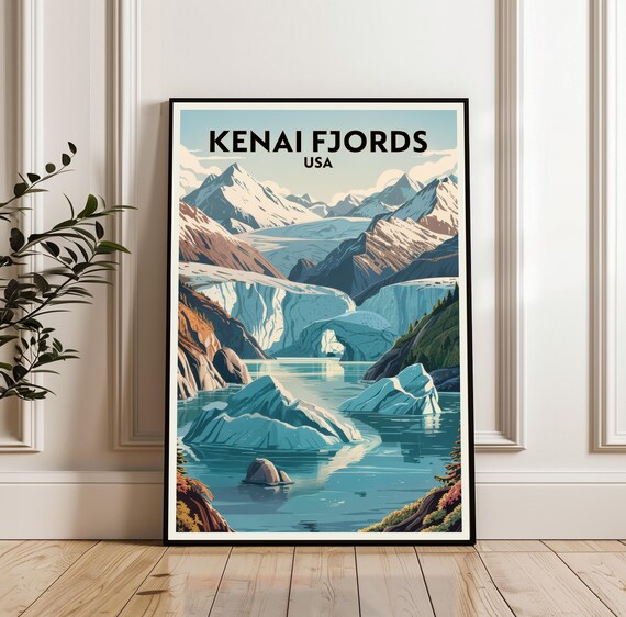 Kenai Fjords USA Vintage Glacier Landscape Travel Poster Alaska Peaks