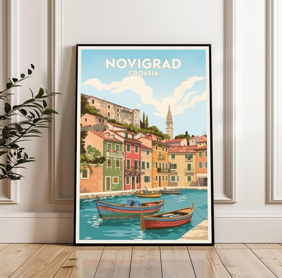Novigrad Croatia Vintage Harbor Travel Poster Colorful Waterfront Art