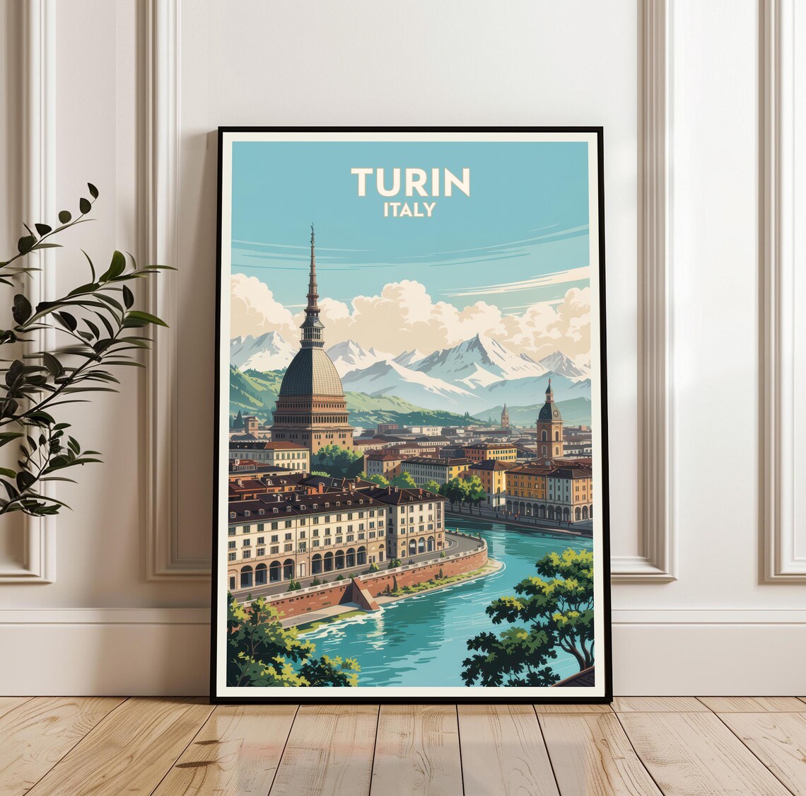 Turin Italy Cityscape River Mole Antonelliana Alps Travel Poster