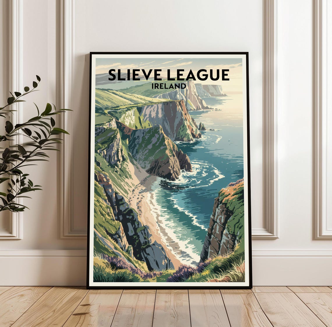 Slieve League Ireland Coastal Cliffs Travel Poster with Ocean Waves