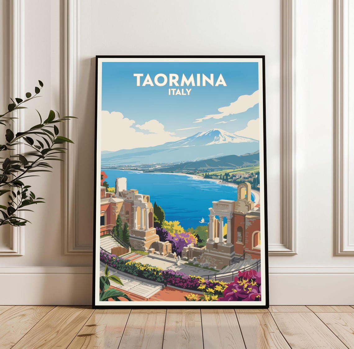 Taormina Sicily Vintage Travel Poster With Mount Etna Coast View