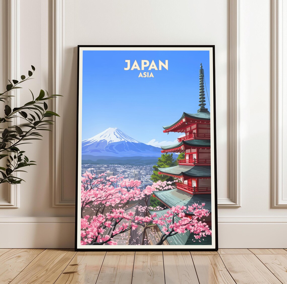 Japan Cherry Blossom Pagoda With Mount Fuji Asia Travel Poster