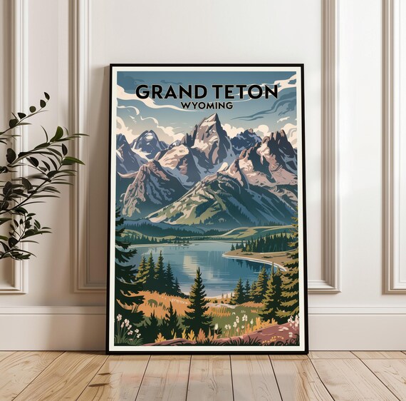 Grand Teton Wyoming Snowcapped Peaks Alpine Lake Vintage Travel Poster
