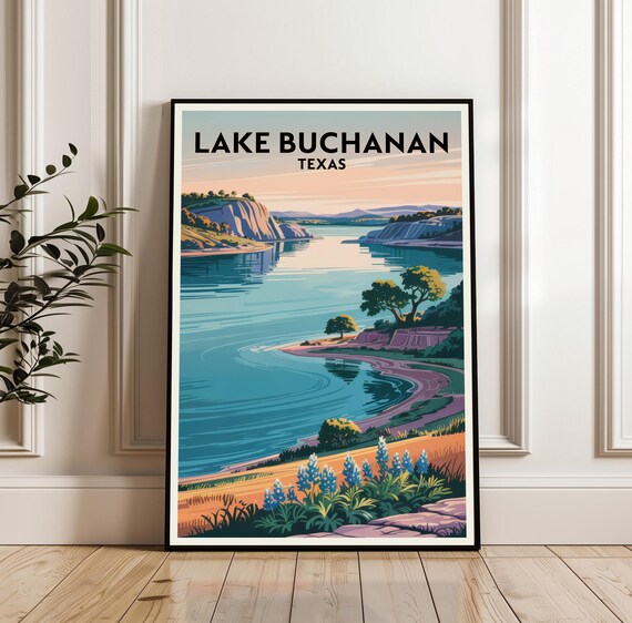 Lake Buchanan Texas Cliffs Bluebonnets Vintage Travel Poster View