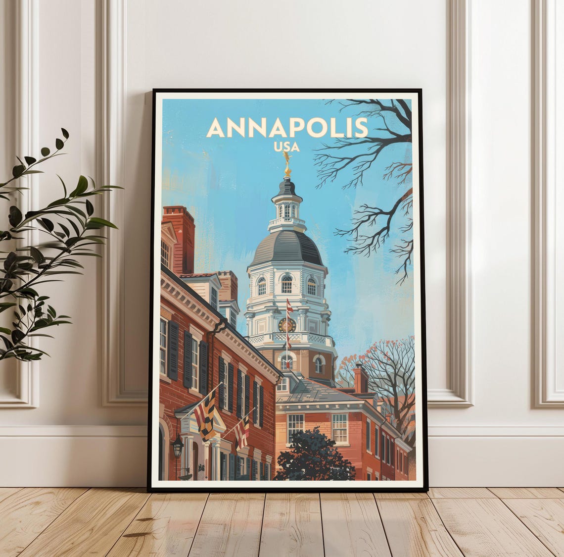 Annapolis USA Travel Poster Historic State House Dome Brick Street