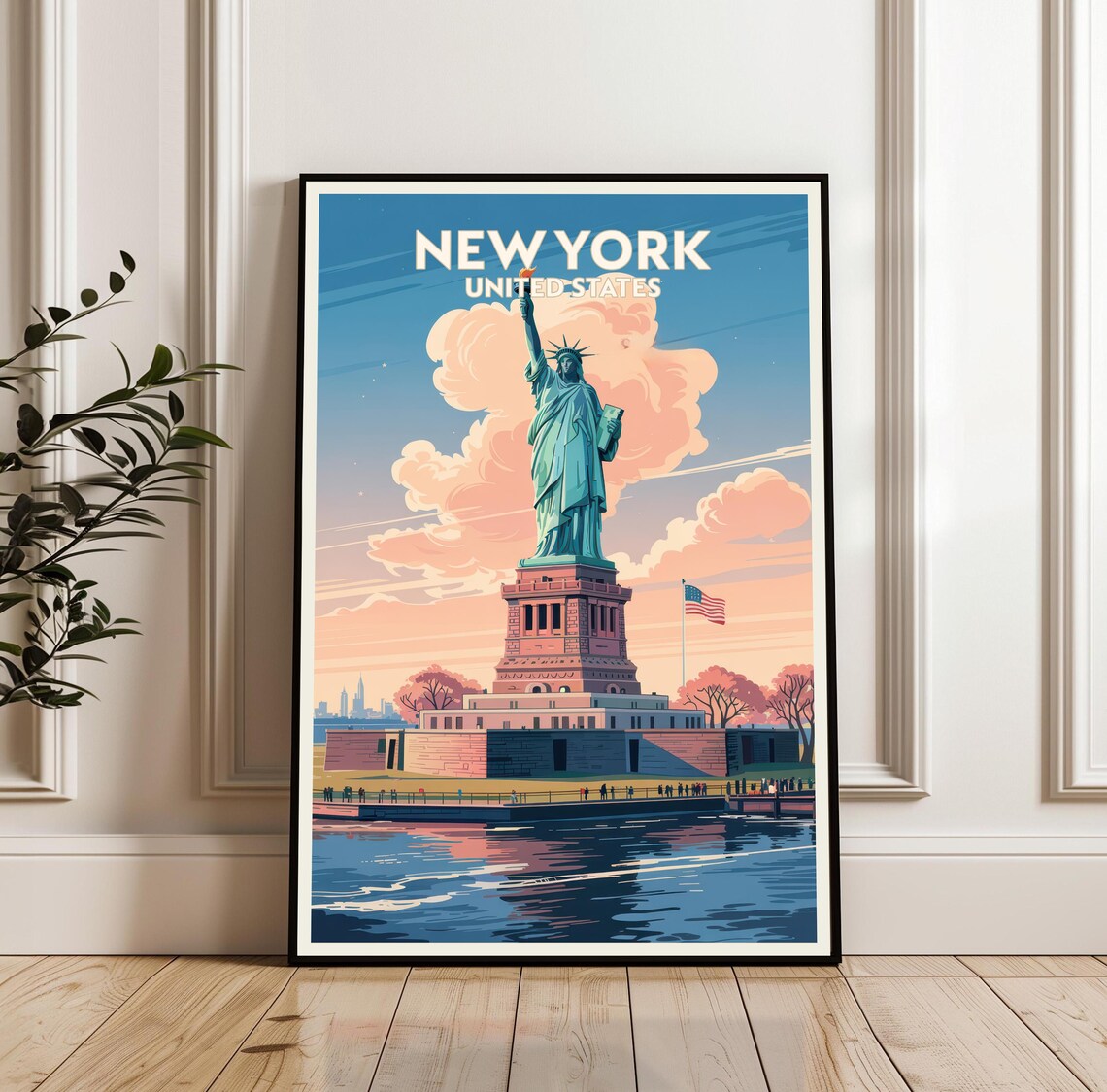 New York Statue of Liberty Vintage Travel Poster Harbor Sunset Landmark Art
