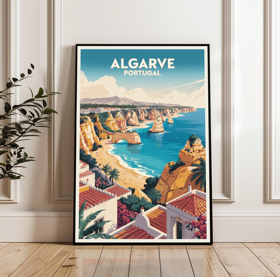 Algarve Portugal Travel Poster of Cliffs Beaches and Coastal Town