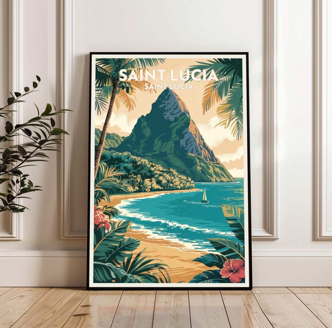 Saint Lucia Caribbean Piton Mountains Beach Vintage Travel Poster