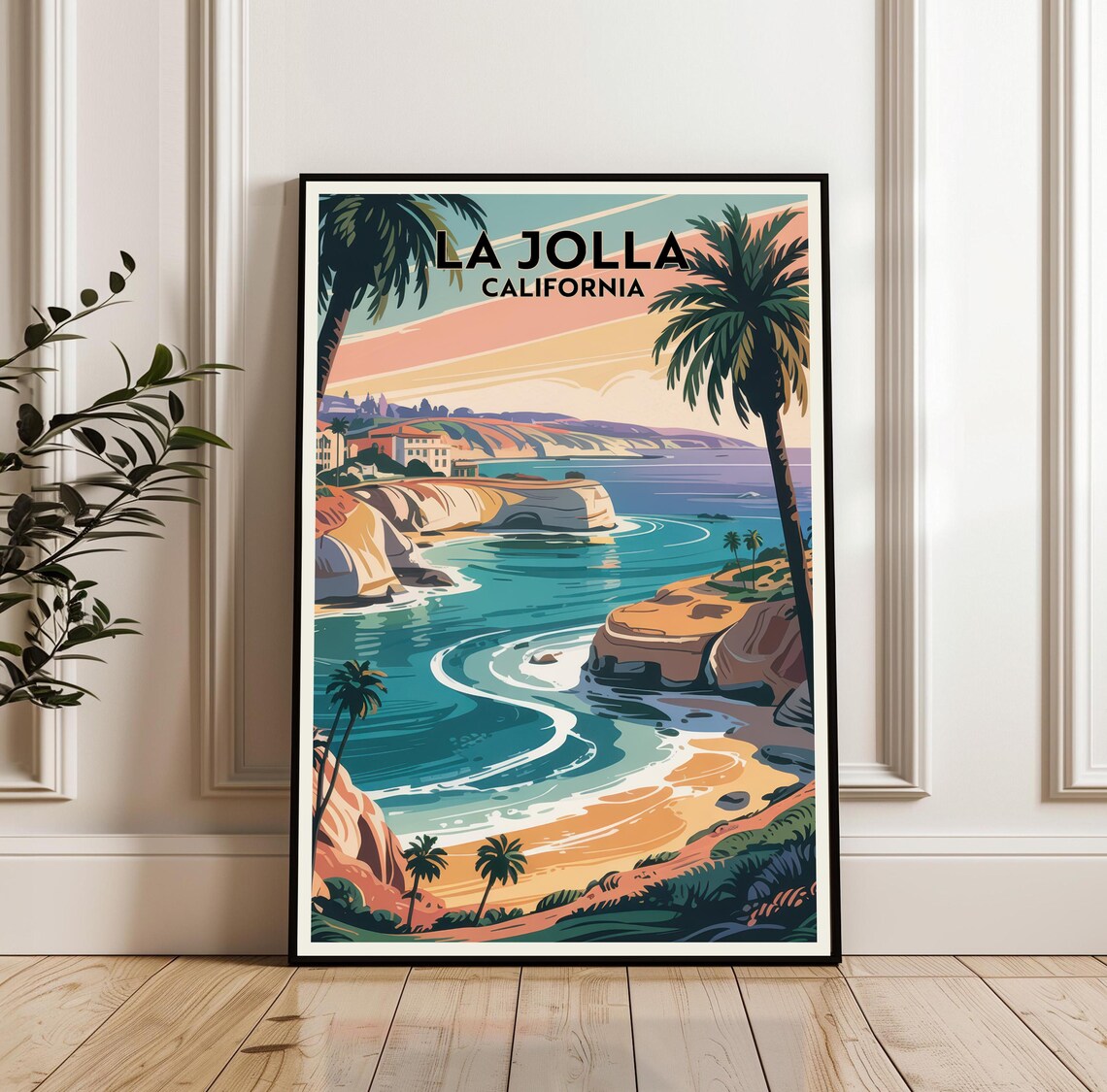 La Jolla California Coastal Cove Palm Trees Vintage Travel Poster