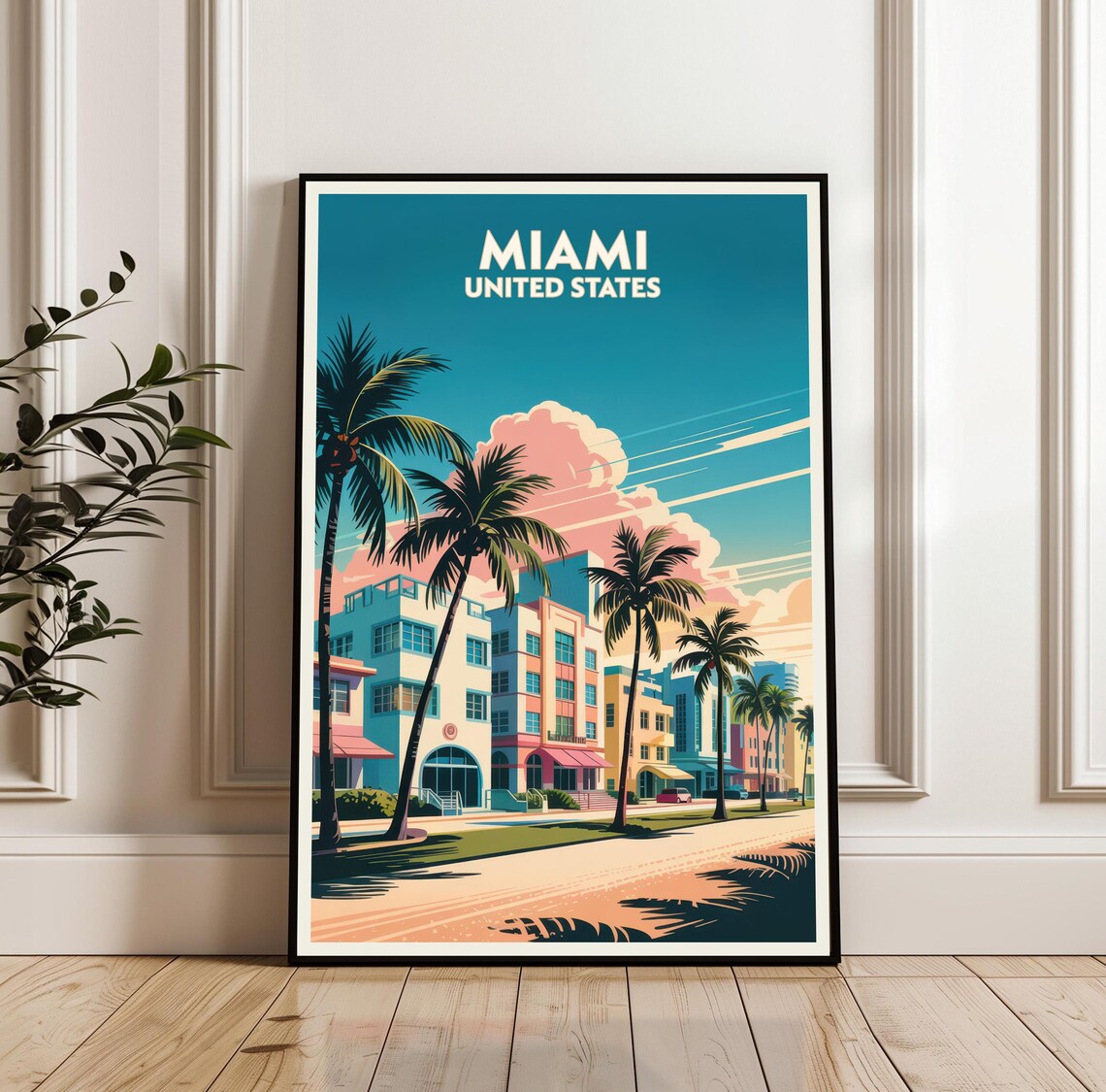 Miami Florida Vintage Travel Poster Art Deco Palms Ocean Drive Retro Art