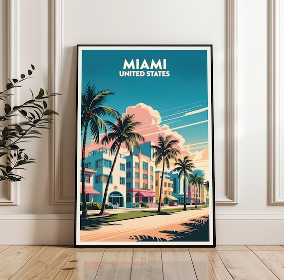 Miami Florida Vintage Travel Poster Art Deco Palms Ocean Drive Retro Art