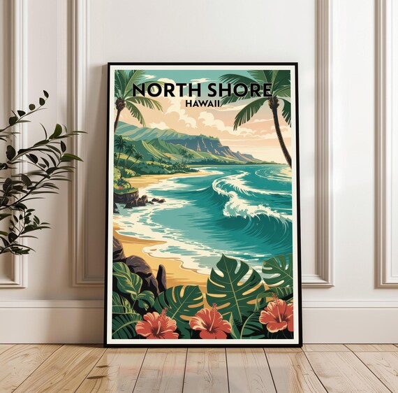 North Shore Hawaii Big Surf Waves Retro Beach Travel Poster Art