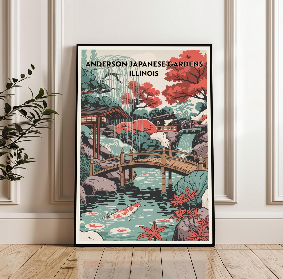 Anderson Japanese Gardens Illinois Koi Pond Bridge Travel Poster