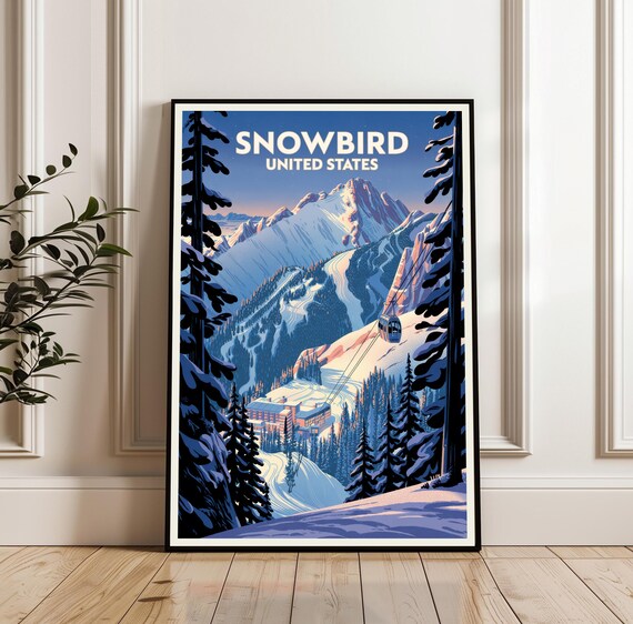 Snowbird United States Night Ski Resort Poster with Gondola and Peaks