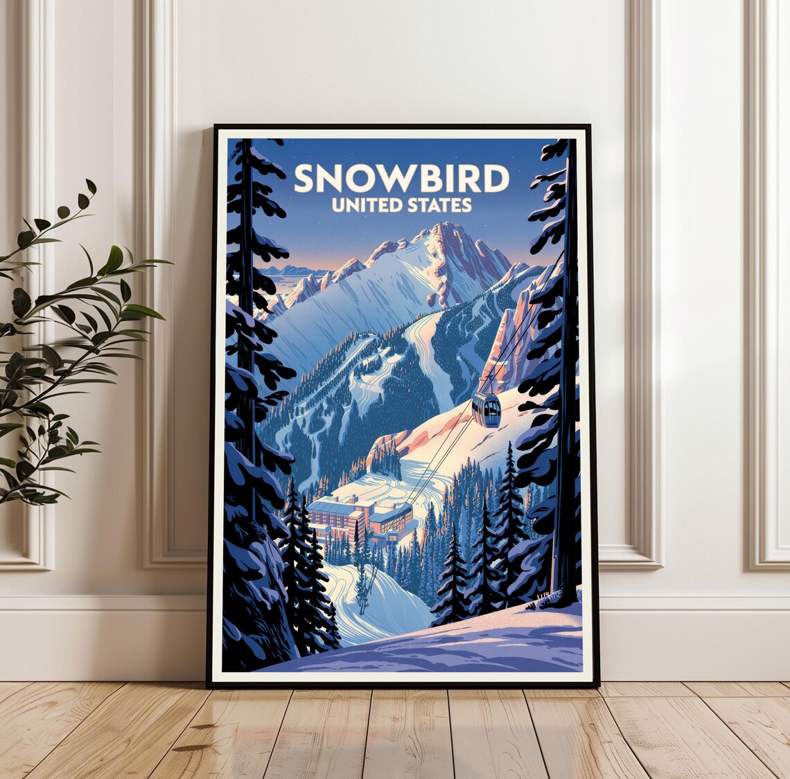Snowbird United States Night Ski Resort Poster with Gondola and Peaks